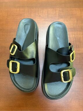NWT Meijia Women's Black Slide Sandals with Gold Buckles ladies size 9
